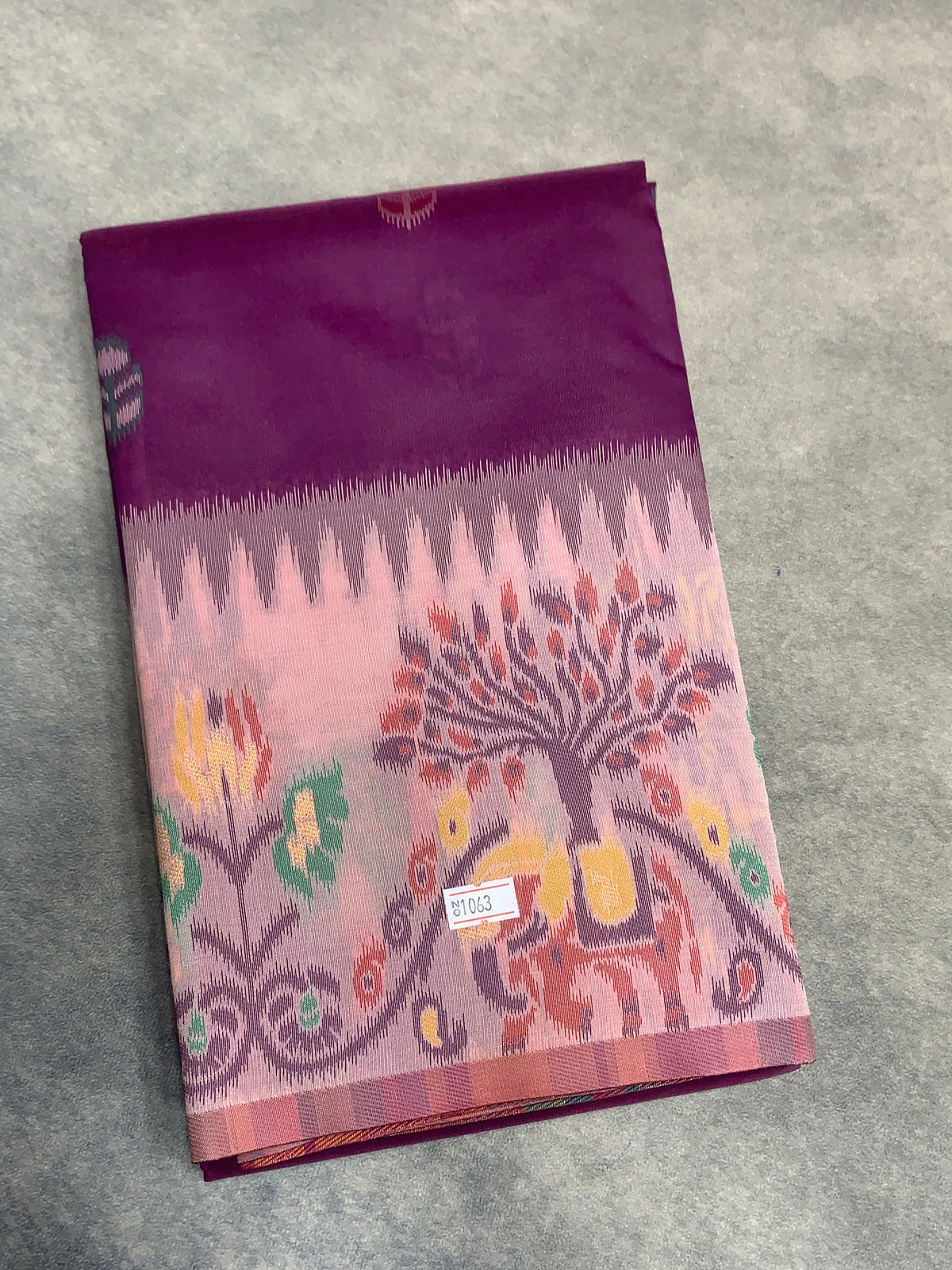 Purple Colour Satin Saree with Light Pink Colour Ikat Border