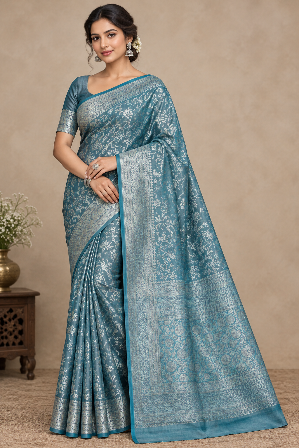 Sky Blue Colour Semi Silk Saree with Black Meenakari Work