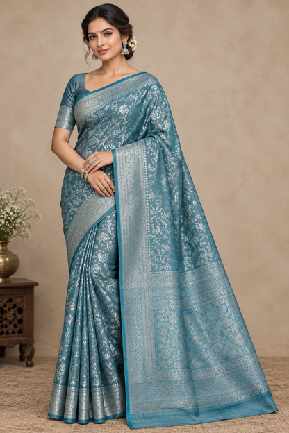 Sky Blue Colour Semi Silk Saree with Black Meenakari Work