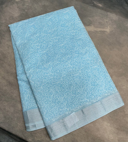 Silk Cotton Saree Sky Blue Color with Silver Zari Border