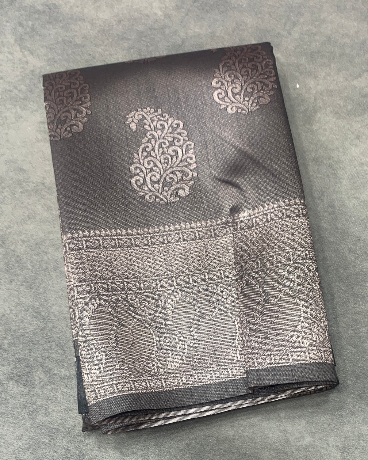 Semi Jute Silk Saree – Grey with Silver Zari Border (Style 1)