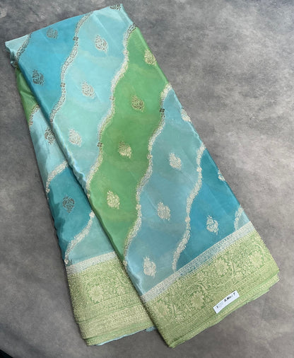 Semi Banarasi Saree Multi Colour with Banarasi Style Light Green Colour Floral Zari Border