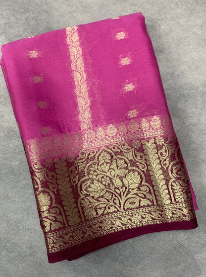 Pink Colour Mysore Crepe Silk Saree with Maroon Colour Border
