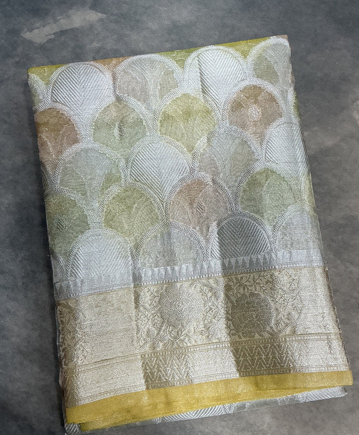 Katan Tissue Semi Silk Saree Multicolour Pastel with Yellow Colour Border