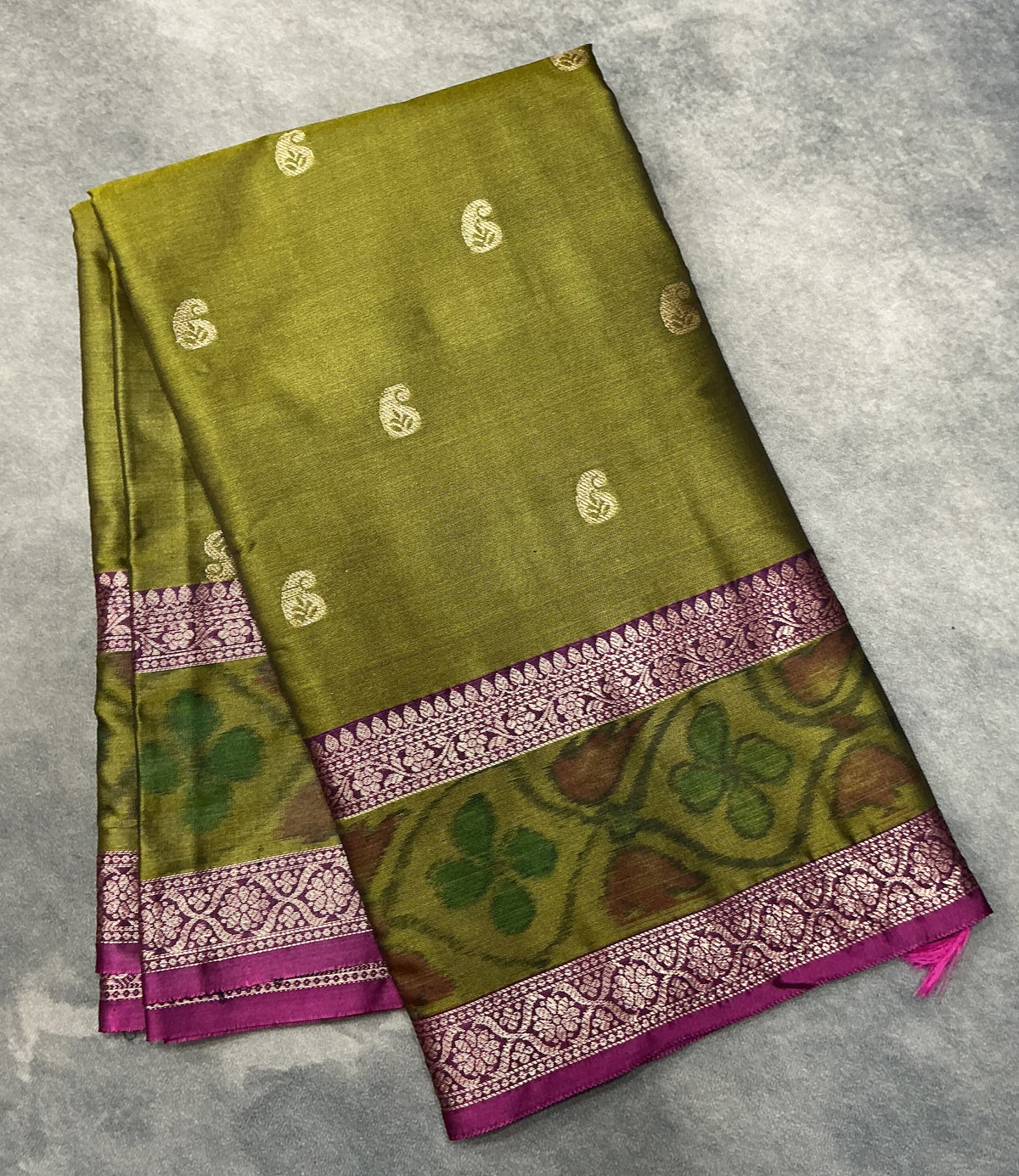 Olive Green Colour Soft Silk Saree with Magenta Colour Ikat Border