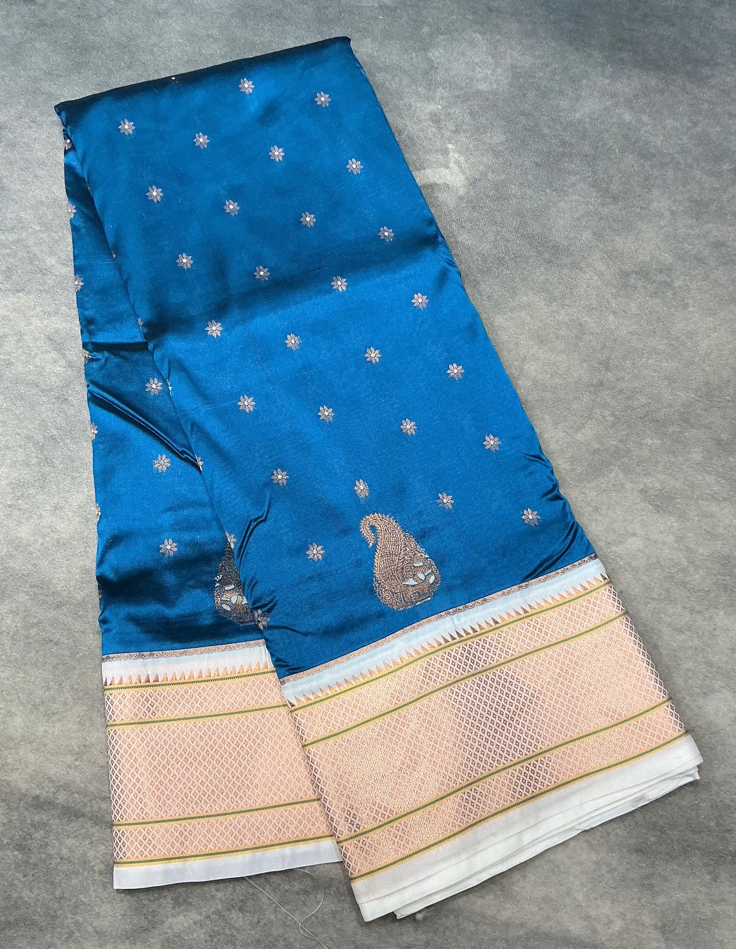 Sky Blue Vegan Paithani Silk saree with contrast White border