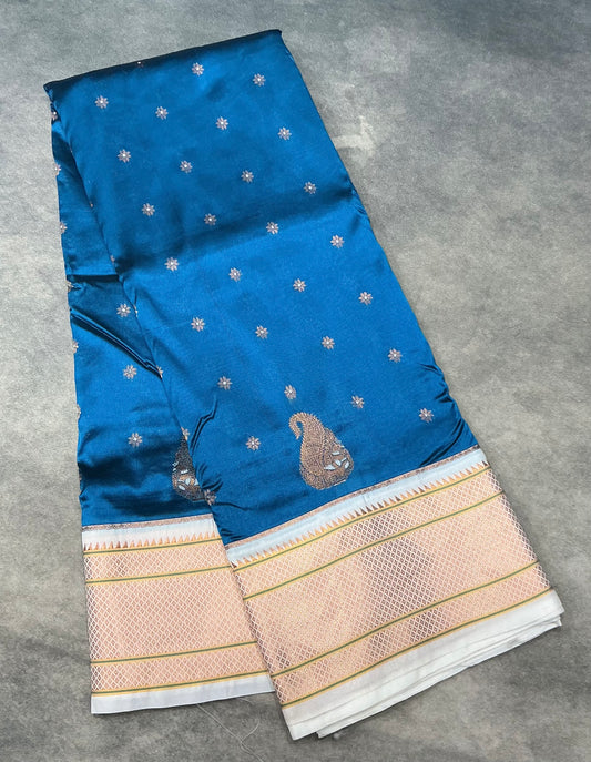 Sky Blue Vegan Paithani Silk saree with contrast White border