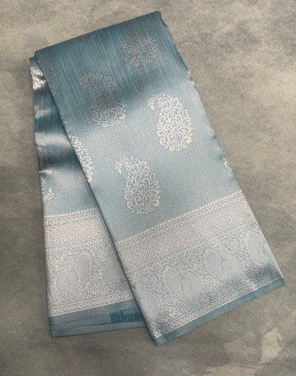 Semi Jute Silk Saree – Greyish Blue with Silver Zari Border
