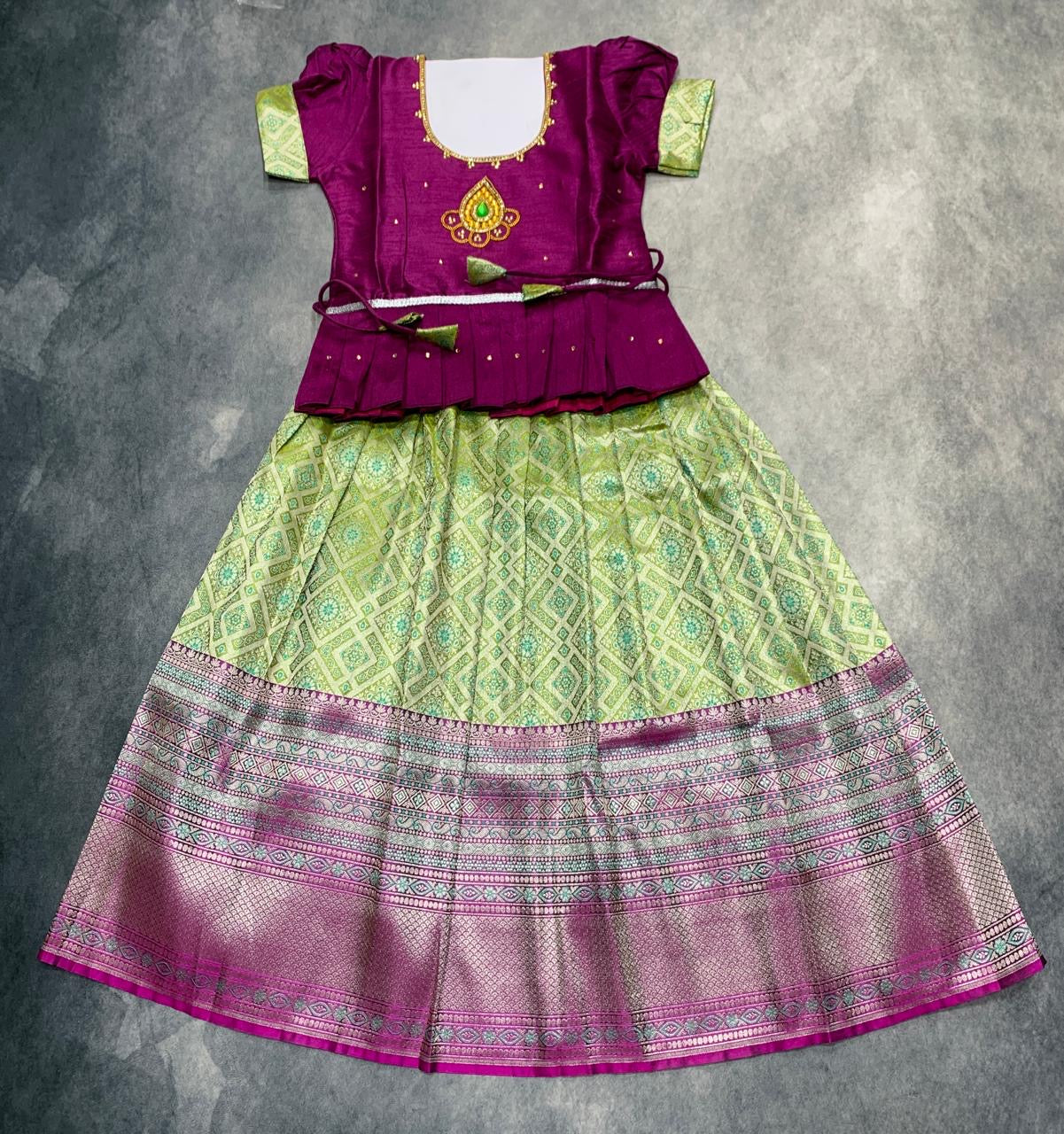 Ready To Wear Green Paavadai with contrast Magenta Blouse