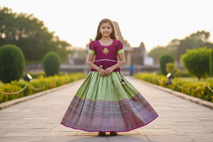 Ready To Wear Green Paavadai with contrast Magenta Blouse