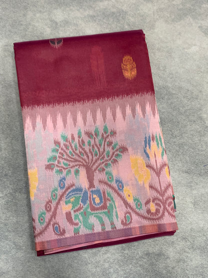 Maroon Colour Satin Saree with Light Pink Colour Ikat Border
