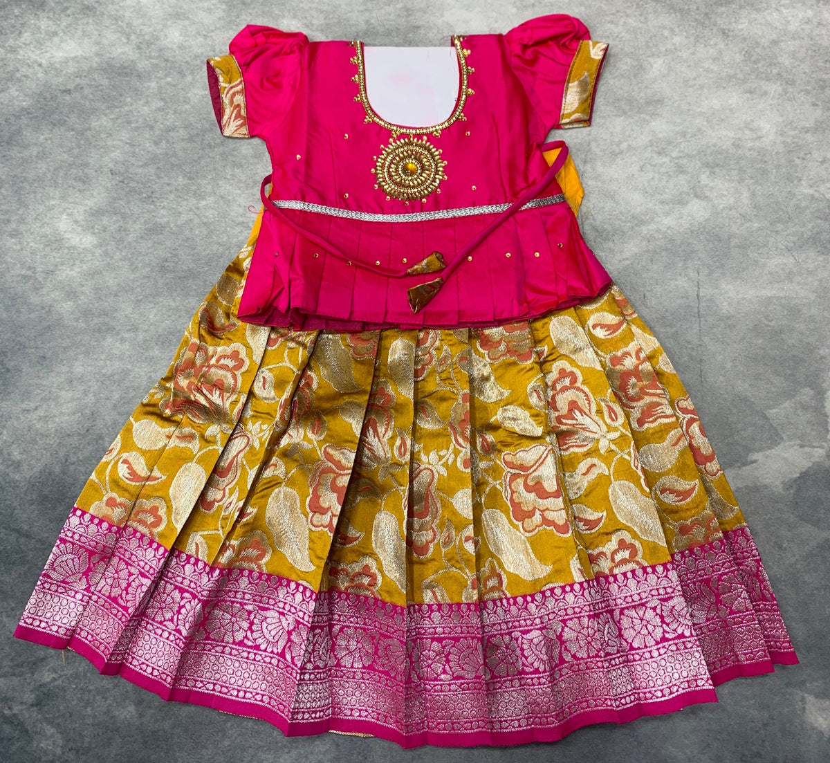 Ready To Wear Pavadai Yellow Color with Pink Color Blouse