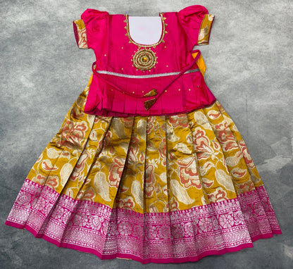 Ready To Wear Pavadai Yellow Color with Pink Color Blouse