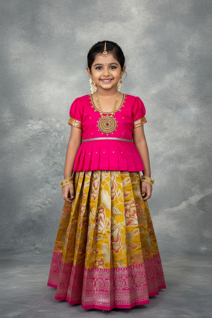 Ready To Wear Pavadai Yellow Color with Pink Color Blouse