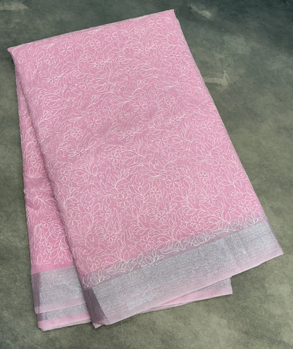 Silk Cotton Saree Baby Pink Color with Silver Zari Border