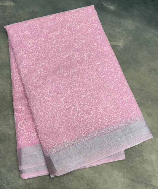 Silk Cotton Saree Baby Pink Color with Silver Zari Border