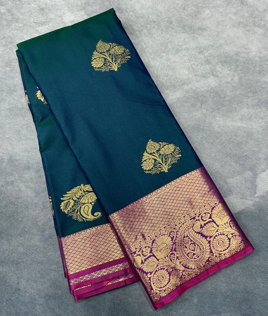 Peacock Green Color Vegan Silk saree with Pink Color with Mango and Floral Design border