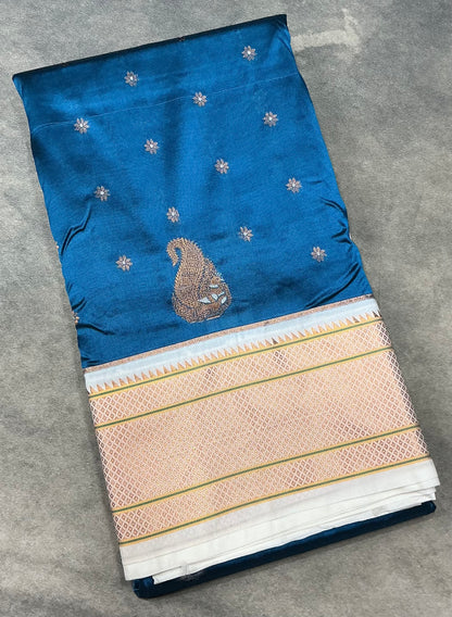 Sky Blue Vegan Paithani Silk saree with contrast White border