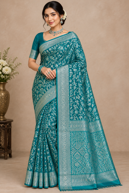 Rama Green Colour Semi Silk Saree with Black Meenakari Work
