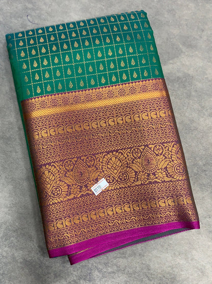 Green Colour Kanchi Style Art Silk Saree with Pink Border and 1000 Butta
