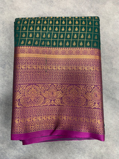 Green Colour Kanchi Style Art Silk Saree with Magenta Border and 1000 Butta