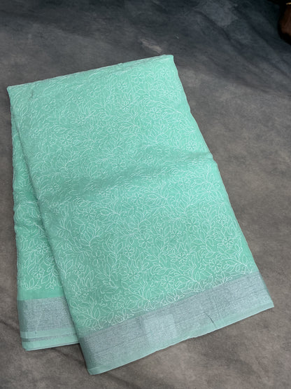 Silk Cotton Saree Sapphire Color with Silver Zari Border