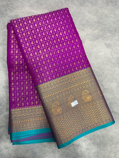 Kanchi Style Art Silk Saree – Magenta with Blue Border and 1000 Butta