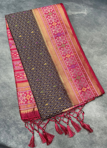 Dark Brown Shade Vegan Ikat Silk saree