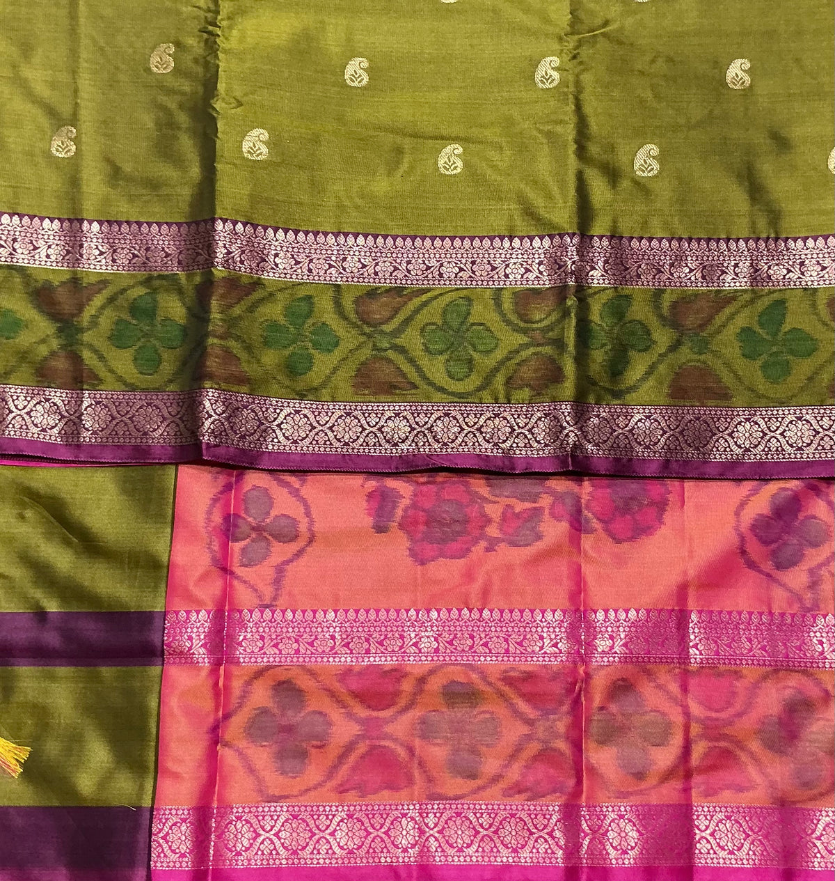 Olive Green Colour Soft Silk Saree with Magenta Colour Ikat Border