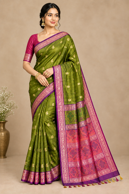 Olive Green Colour Soft Silk Saree with Magenta Colour Ikat Border