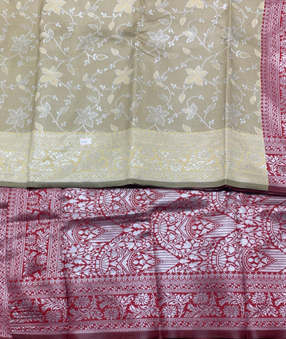 Biscuit Colour Jute Silk Saree with Floral Creeper