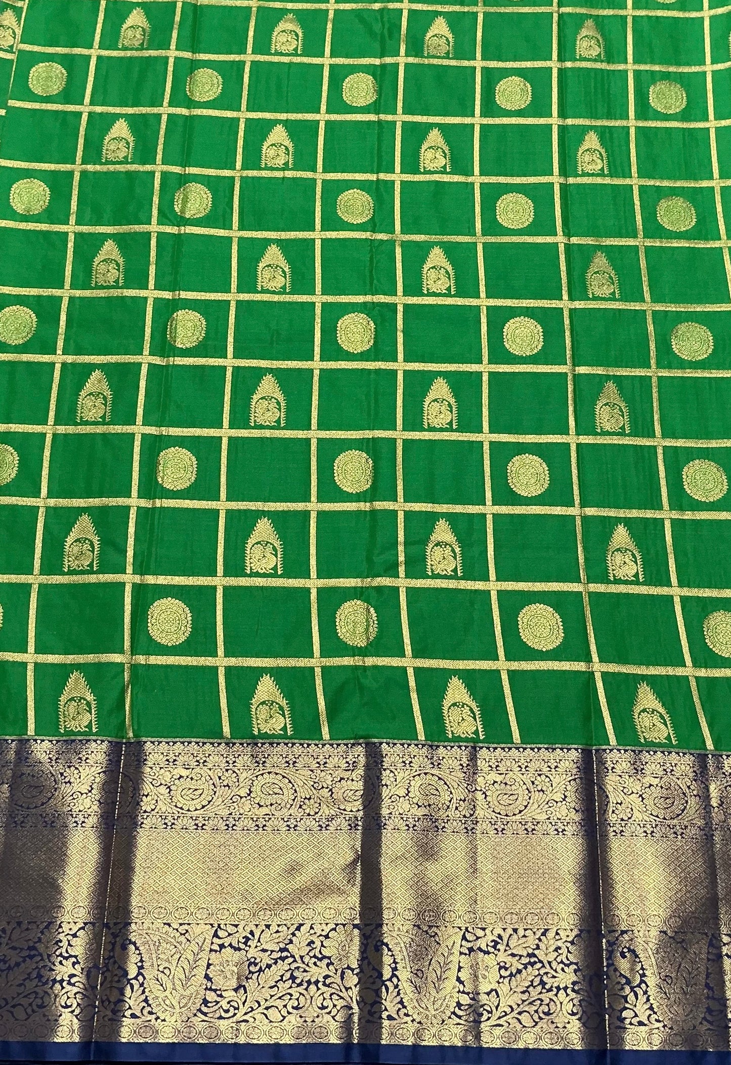 Emerald Green Kanjivaran Style Vegan Silk saree with Zari checks