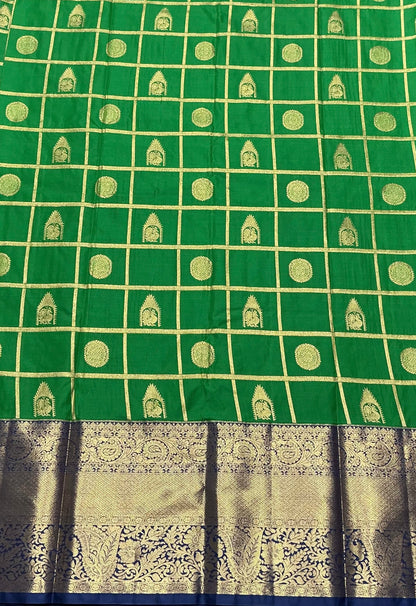 Emerald Green Kanjivaran Style Vegan Silk saree with Zari checks