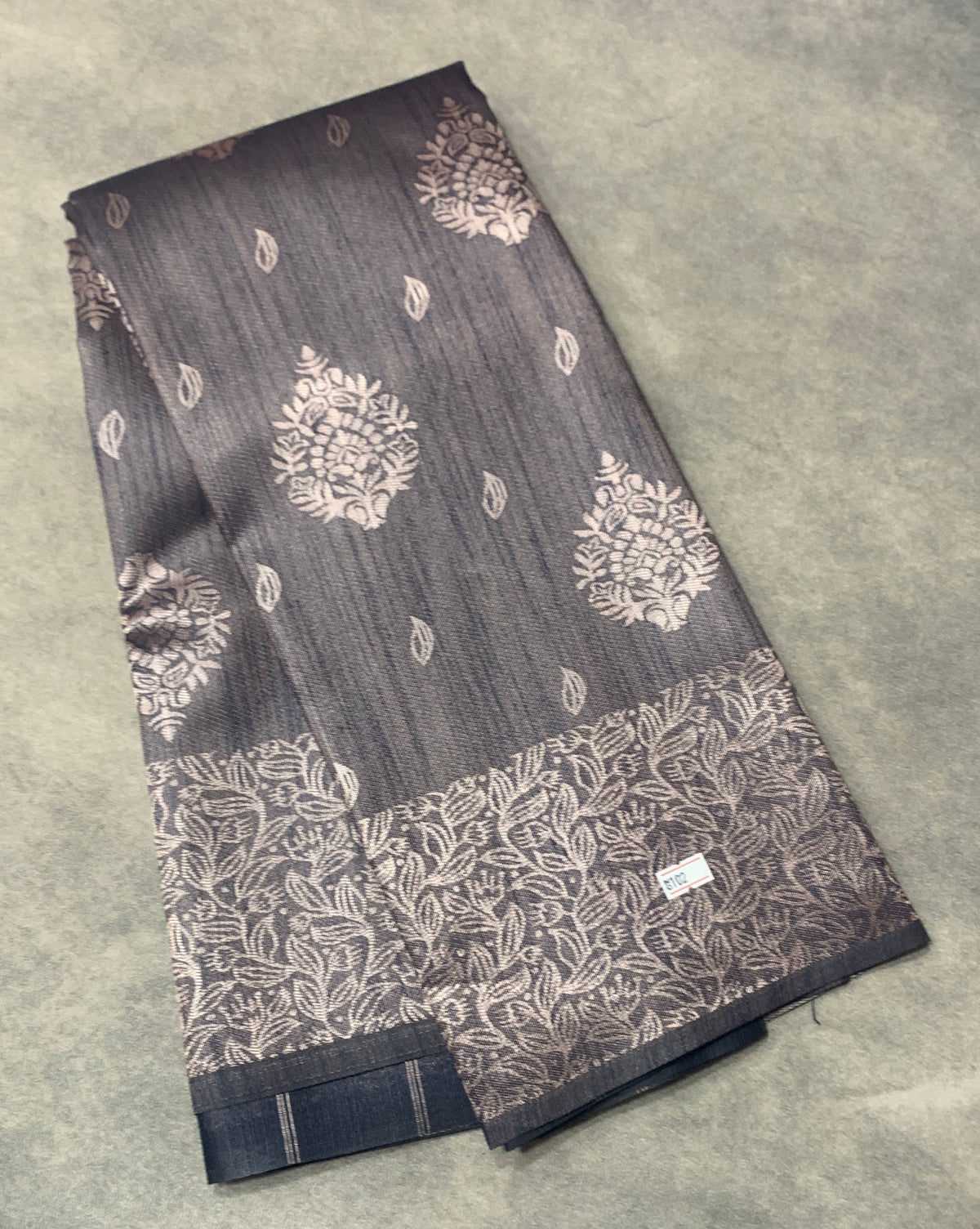 Semi Jute Silk Saree – Grey with Silver Zari Border (Style 2)