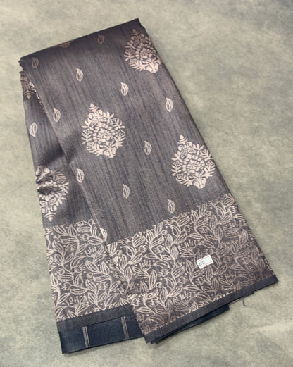 Semi Jute Silk Saree – Grey with Silver Zari Border (Style 2)