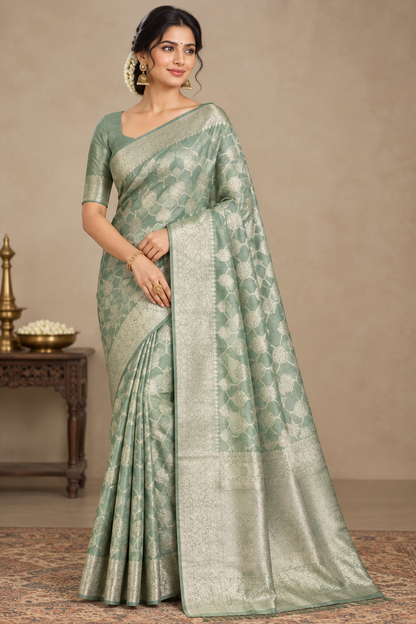 Katan Silk Saree Light Green Colour with Silver Zari Border