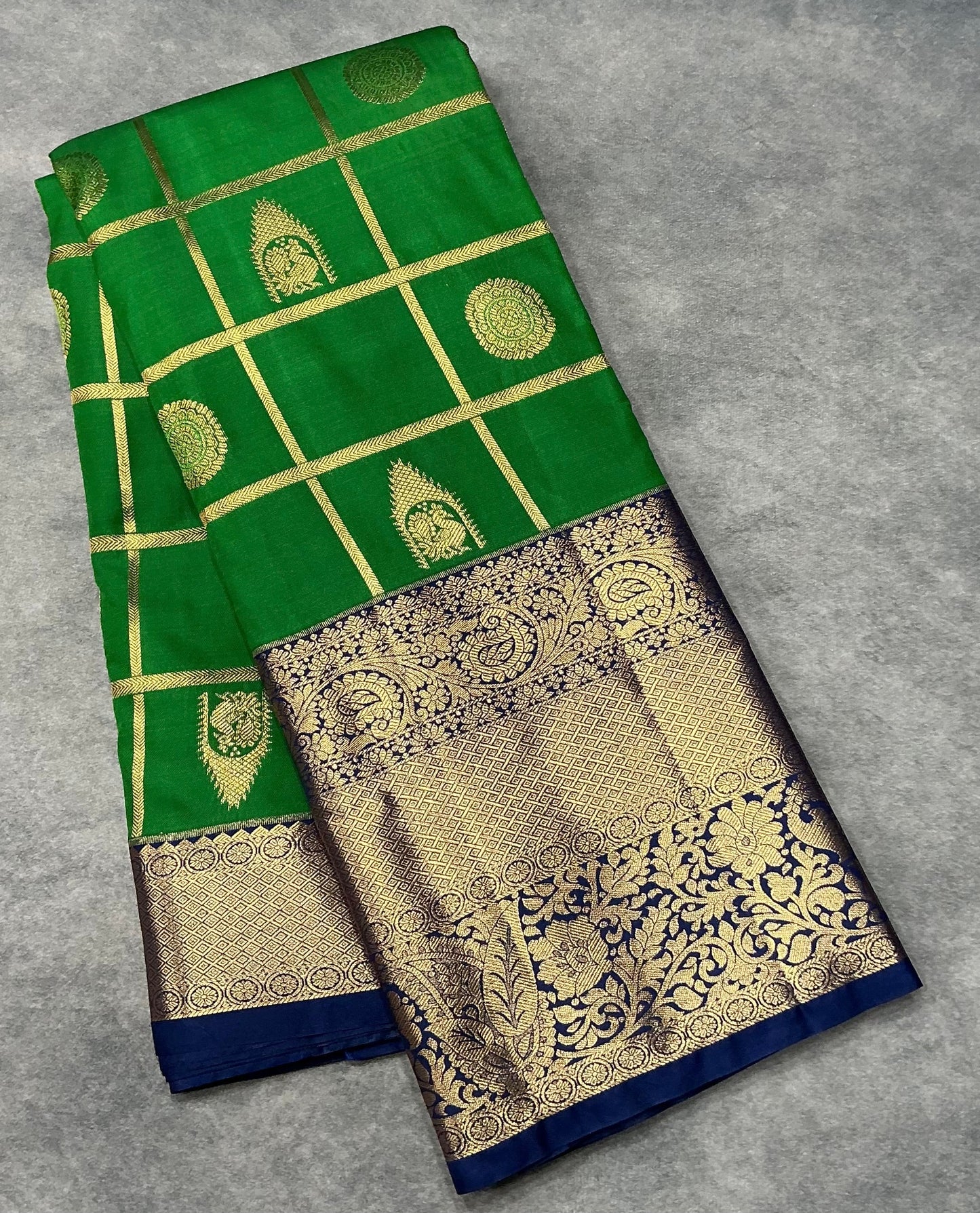 Emerald Green Kanjivaran Style Vegan Silk saree with Zari checks