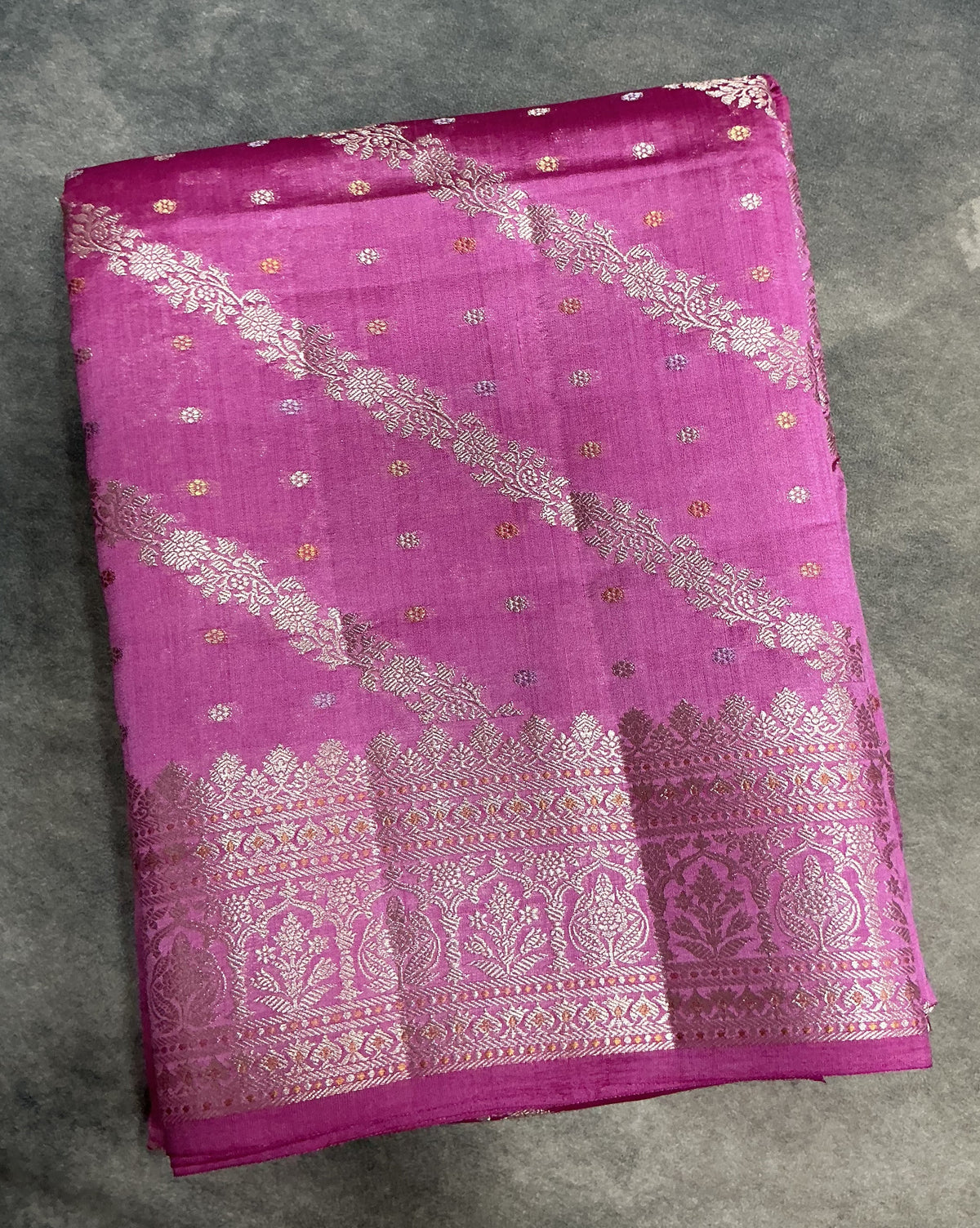 Semi Tussar Silk Saree Pink Colour with Silver Zari Border