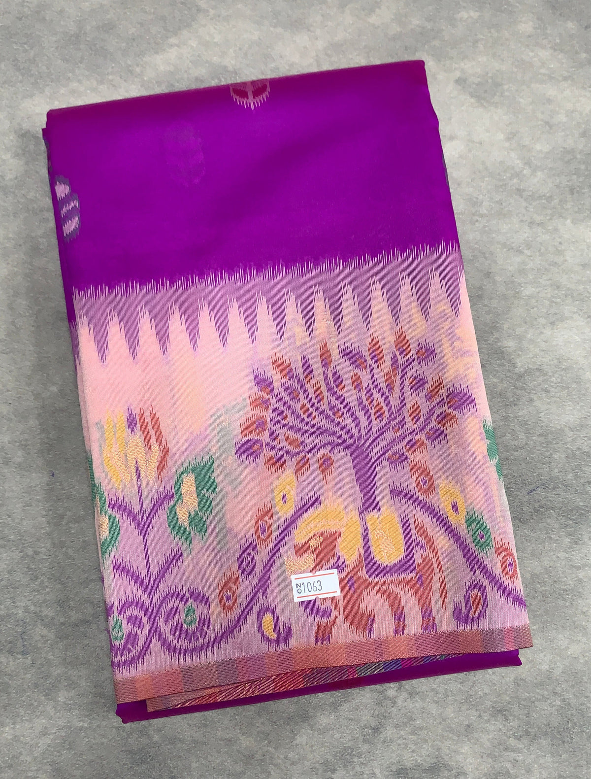 Satin Saree – Magenta with Light Pink Ikat Border