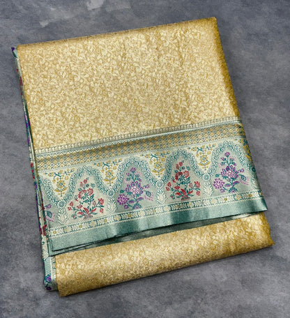 Gold Yellow Tissue Artificial Silk Saree with Meenakari work pallu