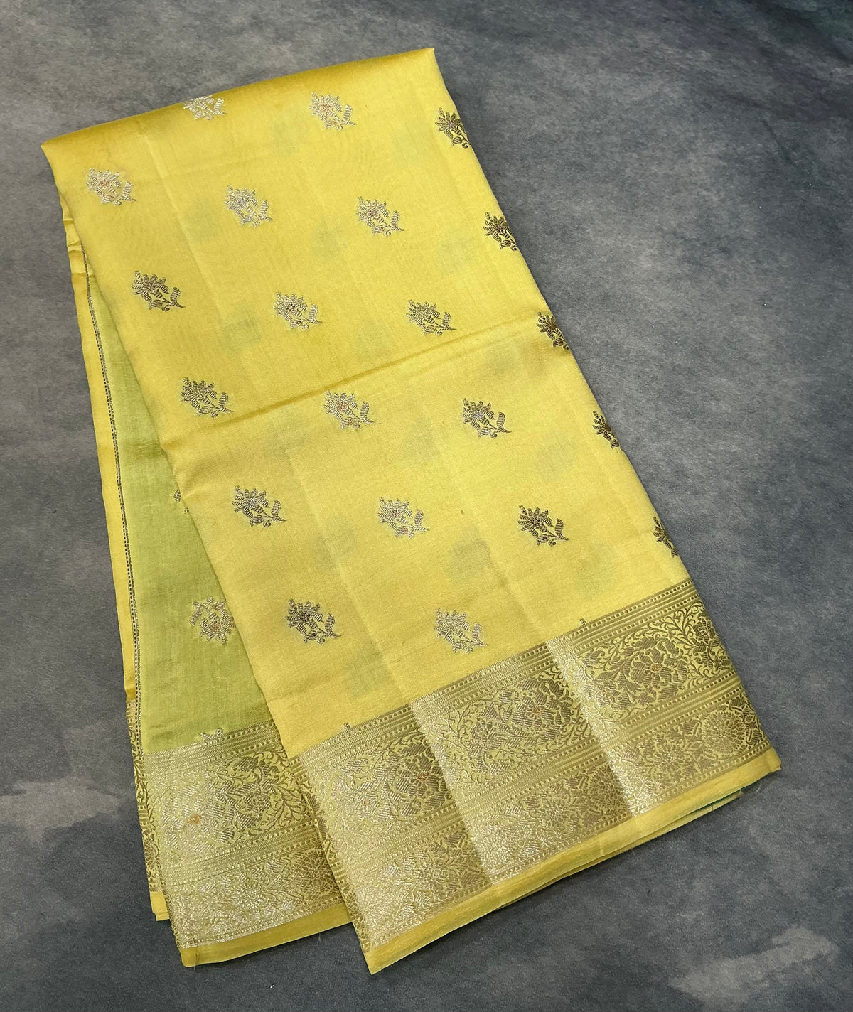 Semi Tussar Silk Saree Yellow Colour with Silver Zari Border