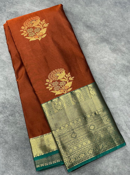 Rust Brown Vegan Silk saree with multi colour motifs contrast saree