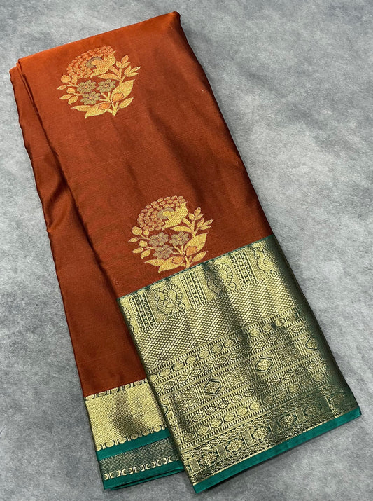 Rust Brown Vegan Silk saree with multi colour motifs contrast saree