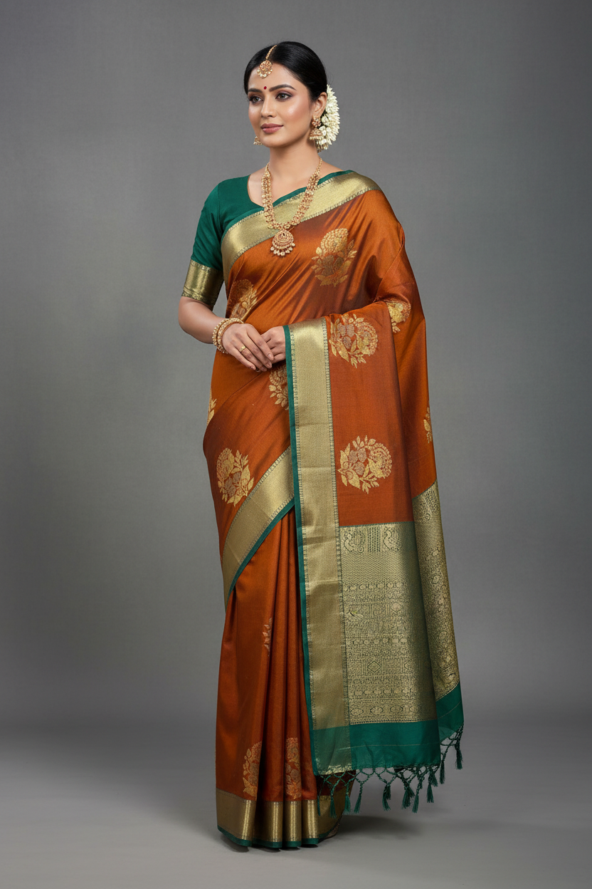 Rust Brown Vegan Silk saree with multi colour motifs contrast saree