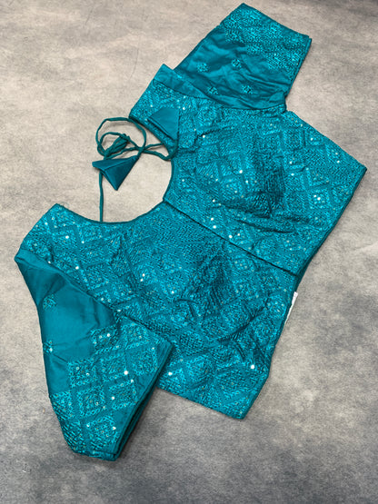 Ready-to-Wear Embroidered Silk Blouse - Sky Blue (Silver Embroidery)