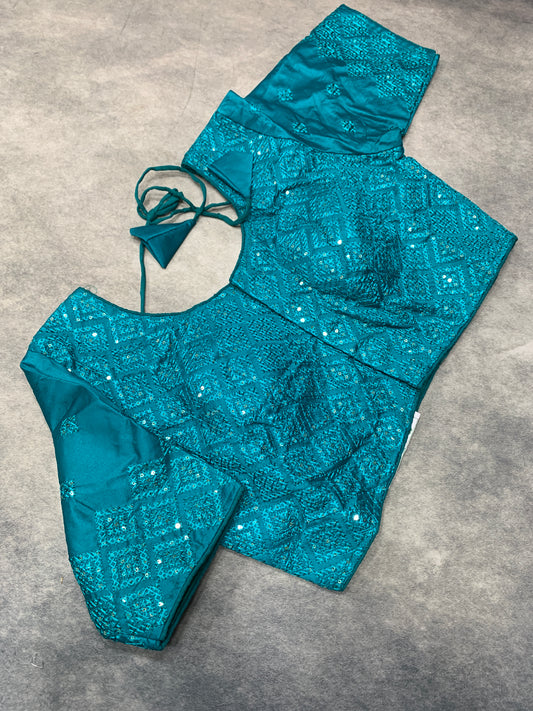 Ready-to-Wear Embroidered Silk Blouse - Sky Blue (Silver Embroidery)