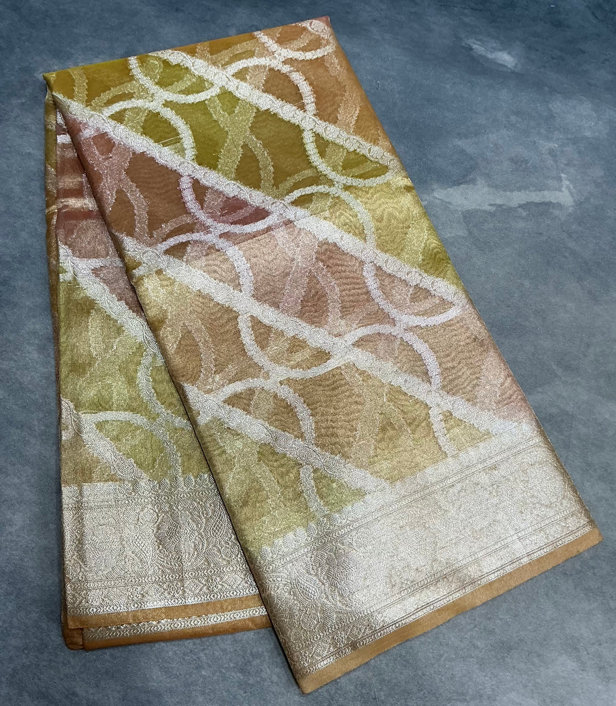 Katan Tissue Semi Silk Saree Mustard Yellow Colour with Silver Zari Border