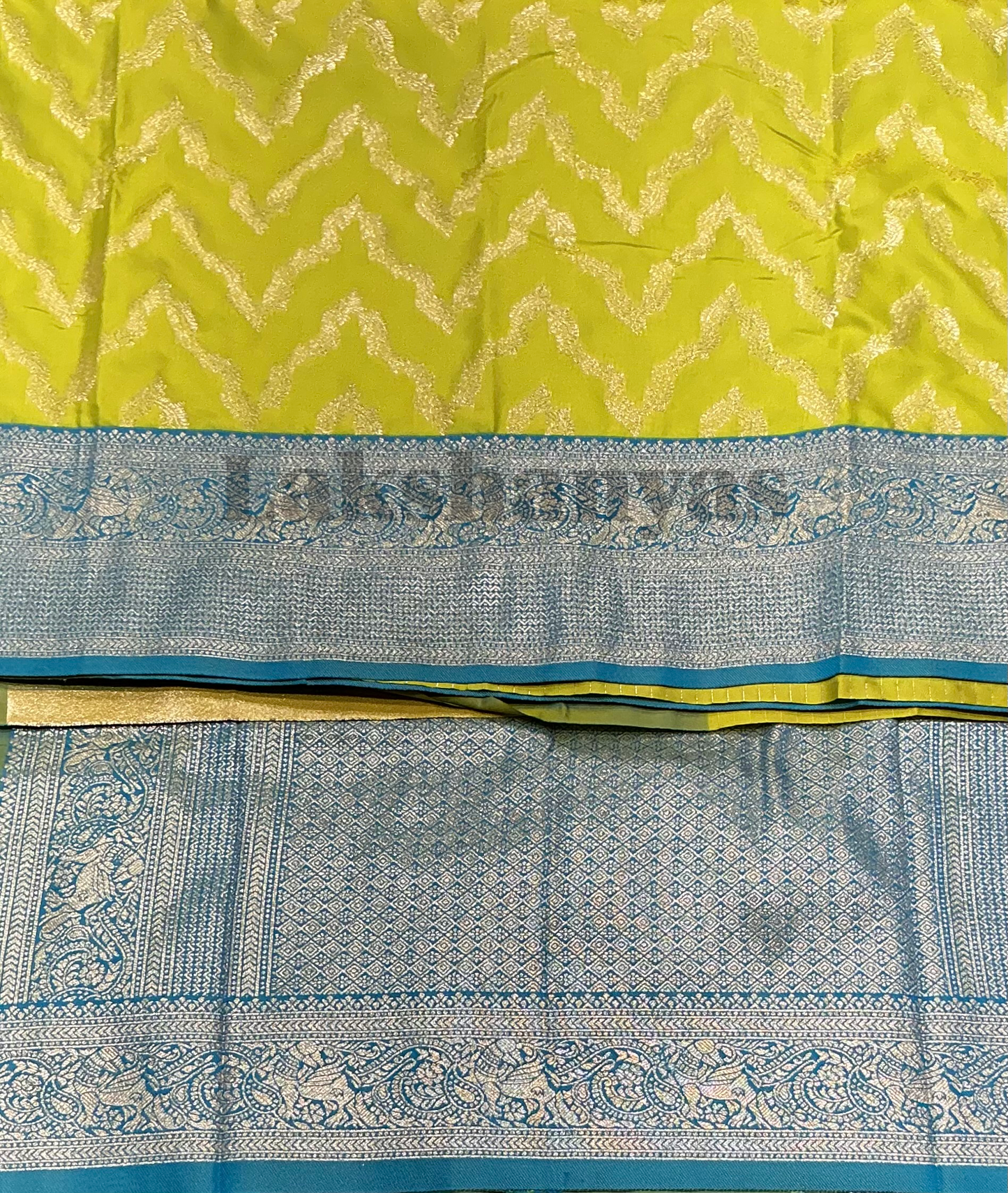 Apple Green Color Vegan Silk saree with Sky Blue Color border