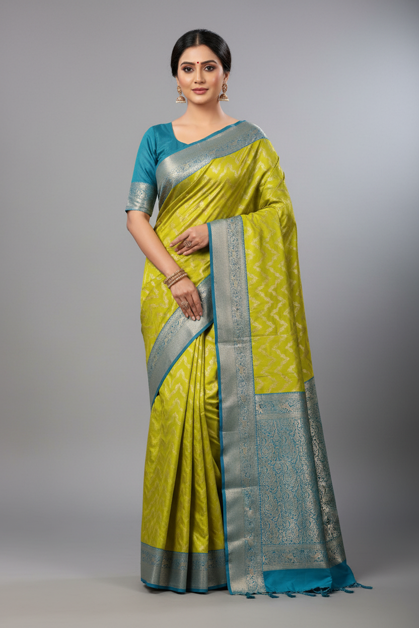 Apple Green Color Vegan Silk saree with Sky Blue Color border