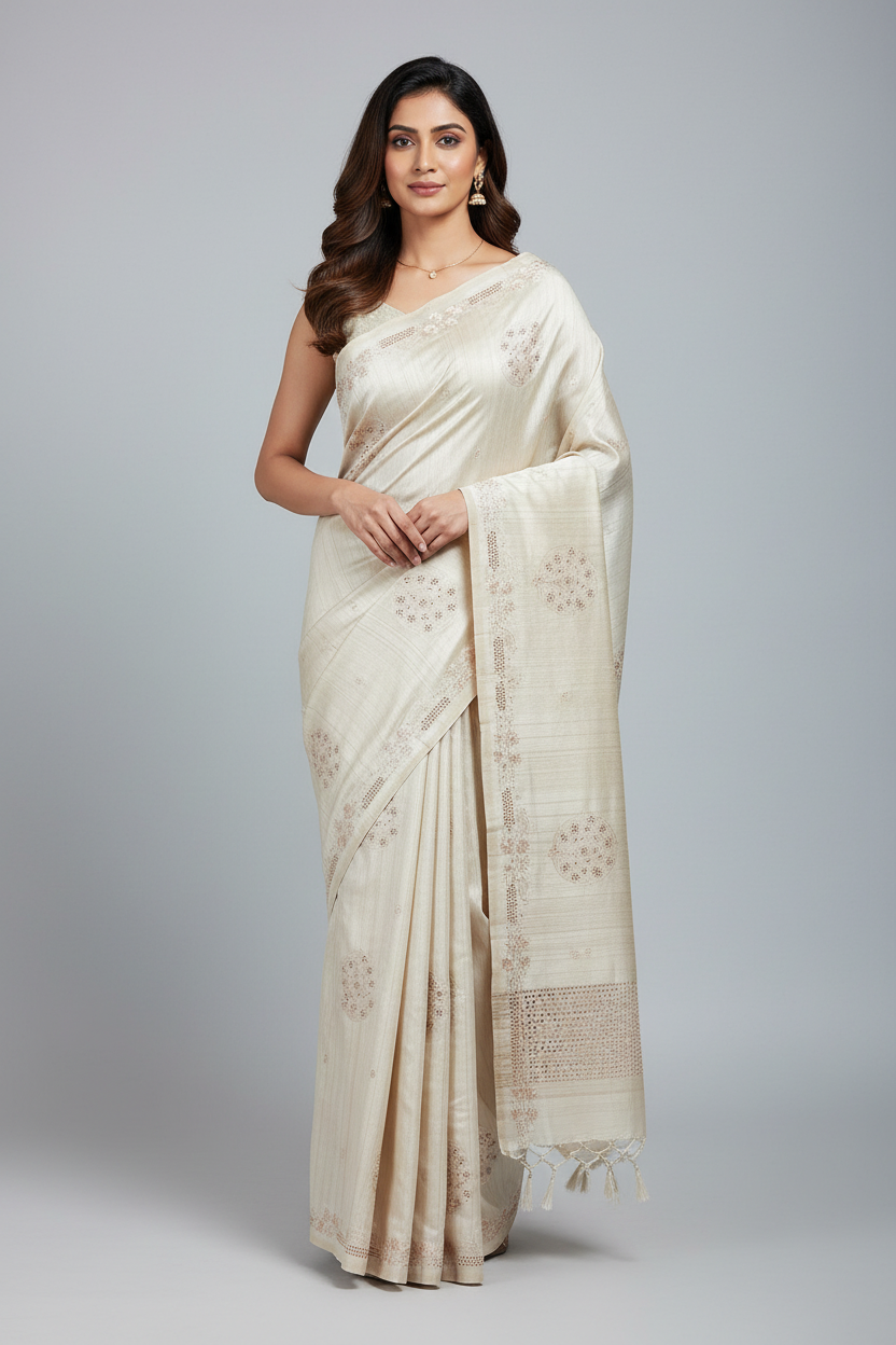 Cream Tussar Saree with Cut Work Border